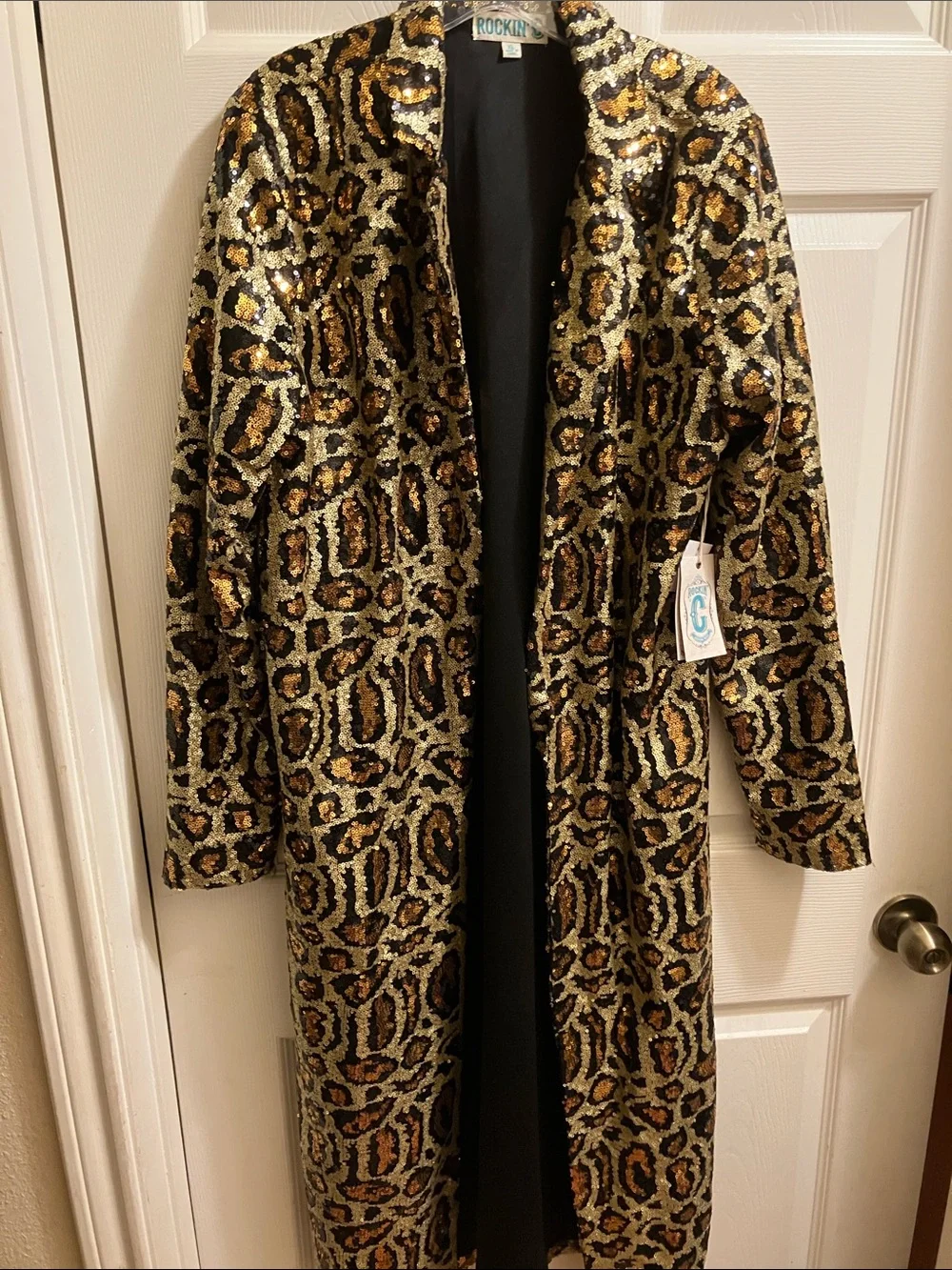 Rockin' Jellybean Gold & Black Sequin Leopard Trench Coat